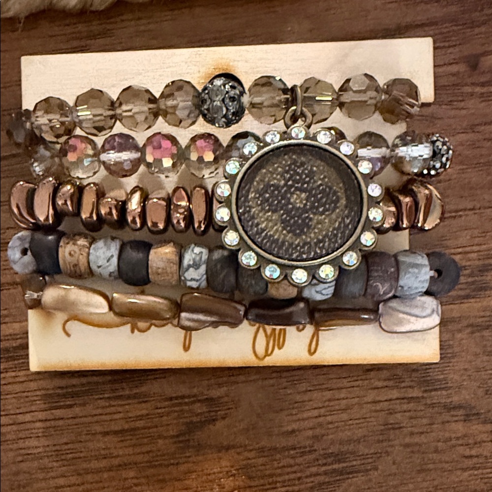LV Upcycled Keep It Gypsy Bohemian Beaded Bracelet Stack with LV Pendant.